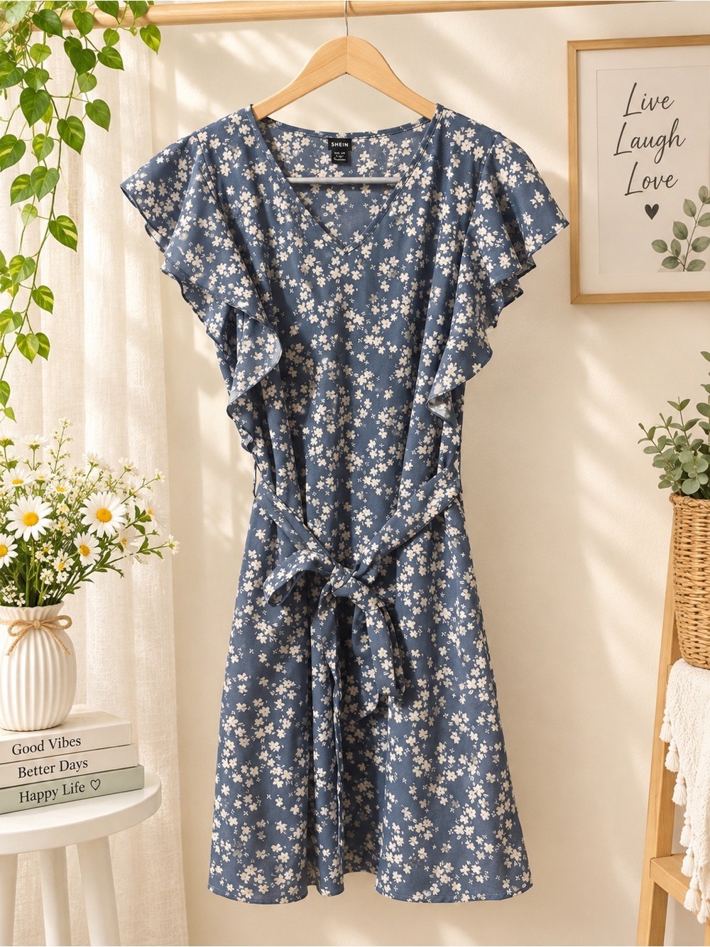 SHEIN Blue Floral Tie-Front Mini Dress